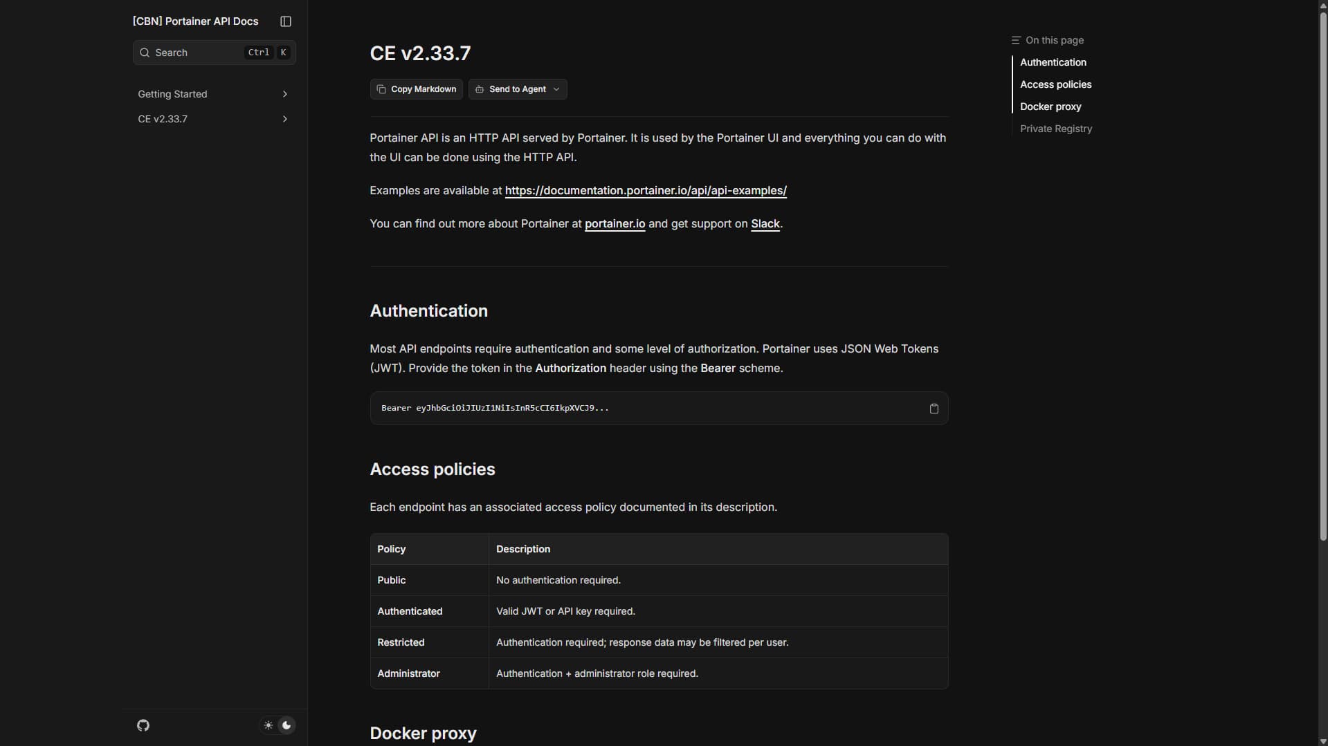 Screenshot of the Unofficial Portainer API Documentation site showing the API reference v2.33.7