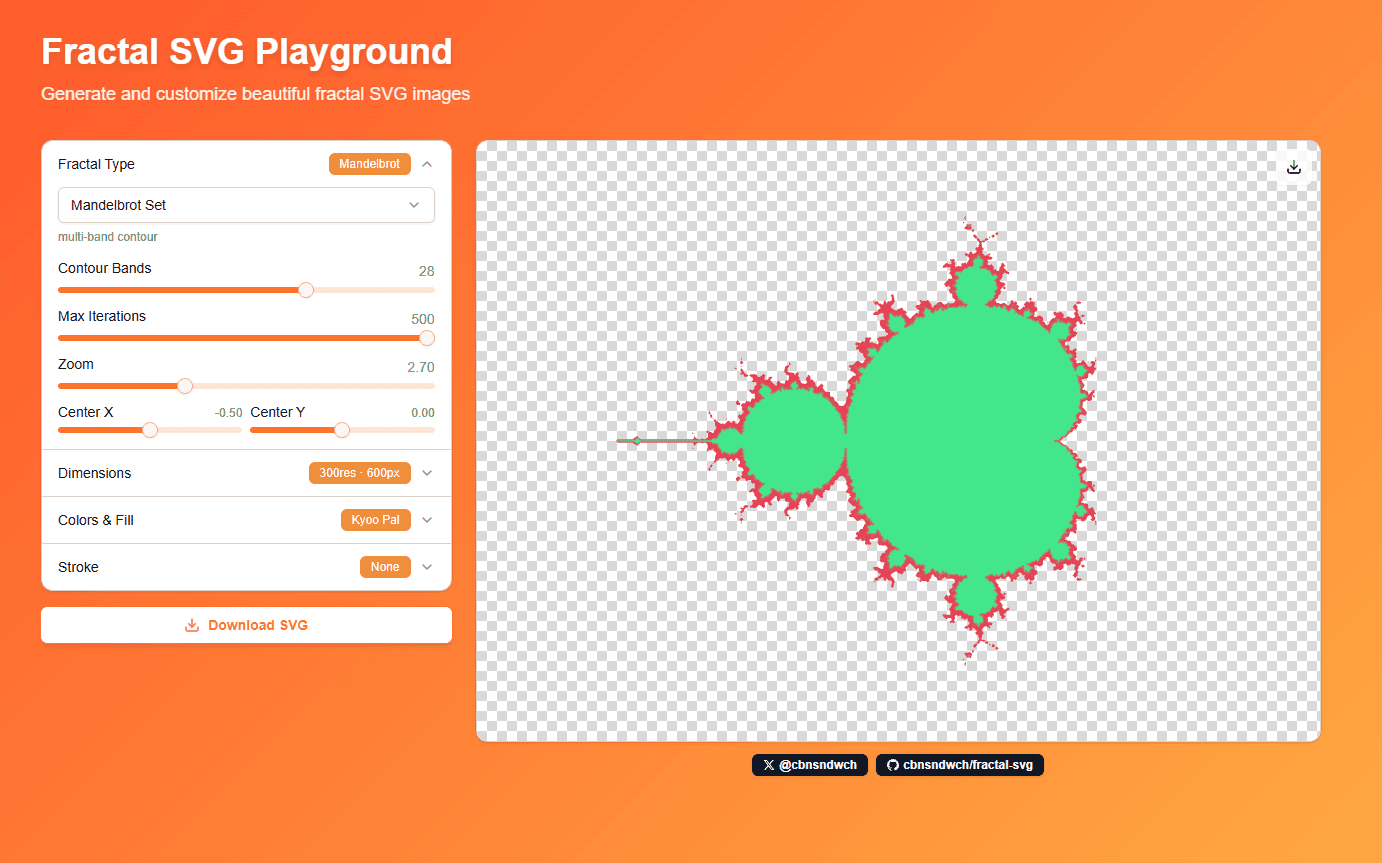 The Mandelbrot set rendered at 500 iterations with multi-band contour SVG paths